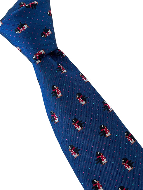 navy blue tie with festive fun penguin and glitter pin spots  design